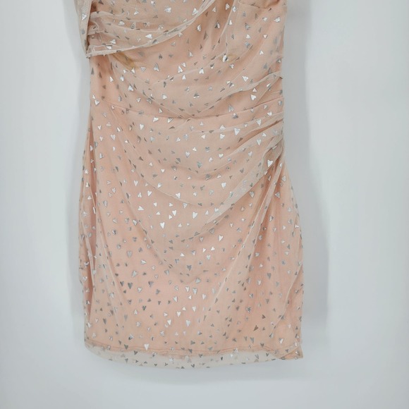 H:ours Rialto Heart Mini Dress XXS One Shoulder Pink Nude Mesh Metallic Silver - Picture 8 of 12